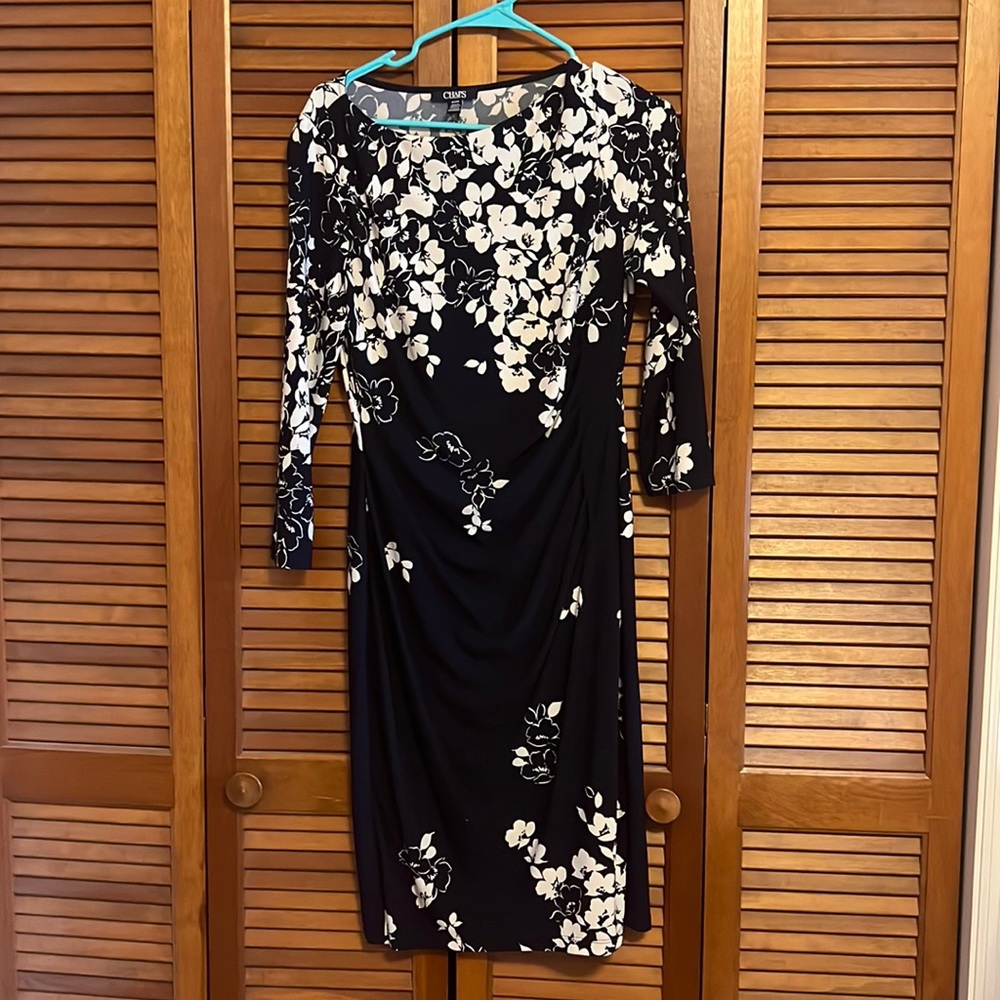 Chaps Navy Cream Rouched Dress